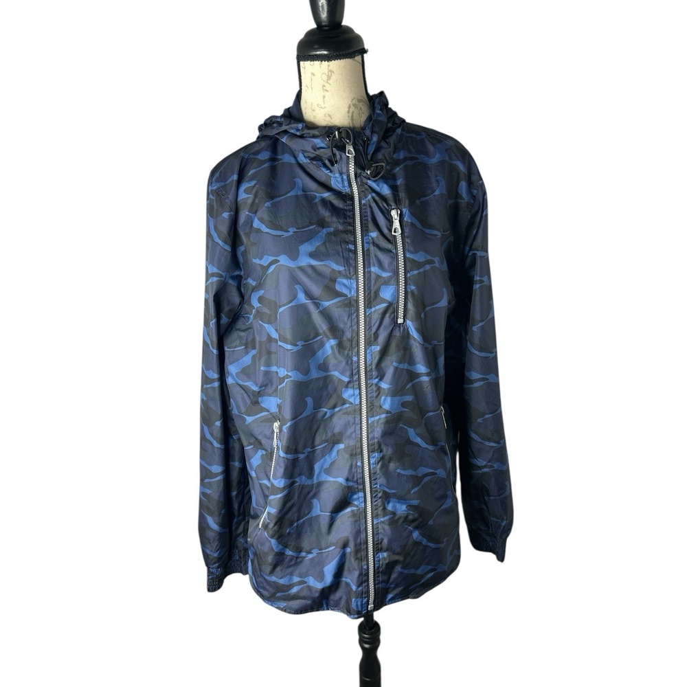 Slate & Stone Mens‎ Blue Camo Track Jacket Mesh Line Adjustable Hood Light L EUC